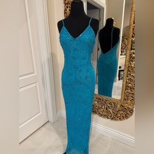 Elegant turquoise Blue hand Beaded Dress